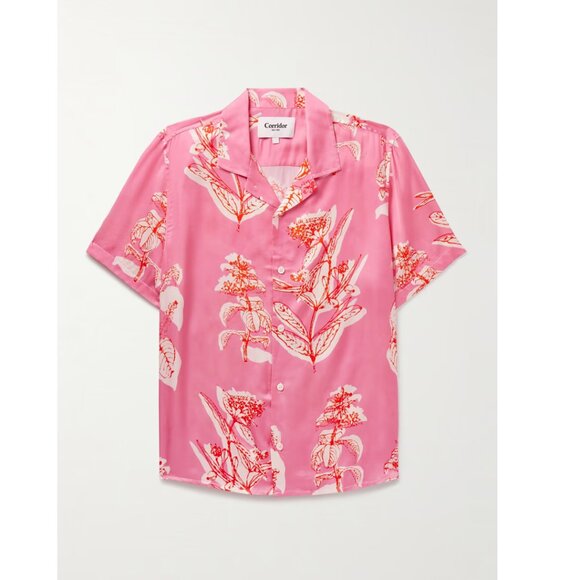 CORRIDOR Men's Convertible-Collar Floral-Print Satin Shirt Size Small Pink - Picture 2 of 11